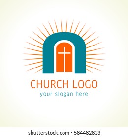 Old arc window, cross and sun vector logo. Christian church colorful icon. Crucifix and sunrise, religious symbol of Jesus is door.