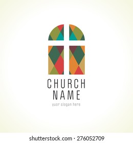 Old arc window vector logo. Christian church cross colorful icon. Religious or vintage symbol. Stained glass window from pieces. Crucifix in stained puzzles, architectural mosaic pattern.