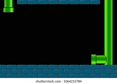 Old arcade video game background. Retro dark screen for game with bricks and pipe or tube. Vector illustration.