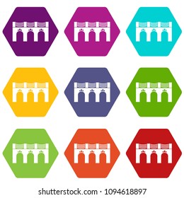 Old arch bridge icons 9 set coloful isolated on white for web