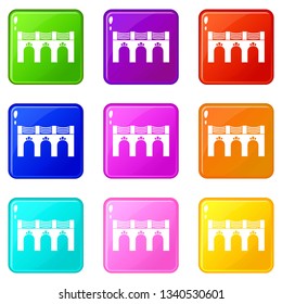 Old arch bridge icons set 9 color collection isolated on white for any design