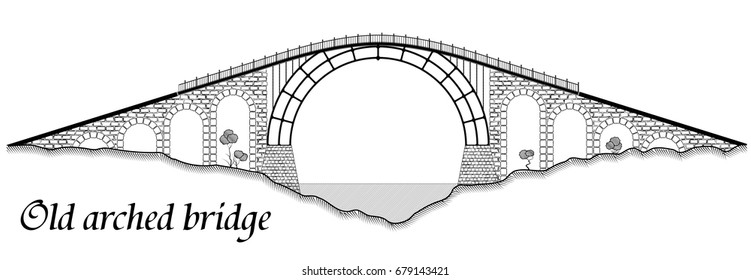 Old arched bridge made of stone and steel. Silhouette of a tall structure over a river. A black graphic drawing similar to an engraving. Black and white.