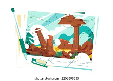 Old architectural ruins on postcard with signature vector illustration. Antique ruins of greek city or roman empire. Historical concept