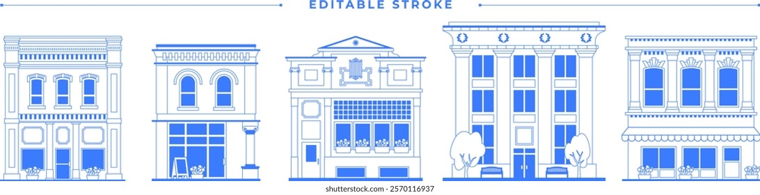 Old architecture building set. Historical facade collection on white background. One color blue outline isolated graphics. Vintage line art illustration. American downtown infographic. Editable stroke