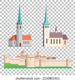 Old architecture. Set of ancient buildings. Vector illustration