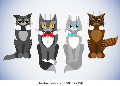 old aristocratic cat with his wife and two stray cats vector cartoon illustrations