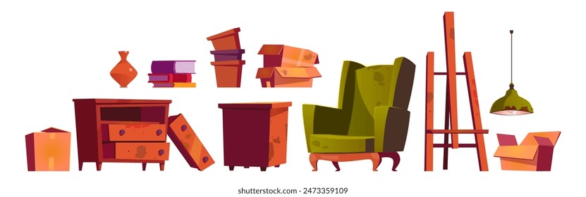 Old art studio furniture set isolated on white background. Vector cartoon illustration of dirty broken armchair, dusty wooden drawer, table and easel, cardboard boxes, pile of books, stack of vases