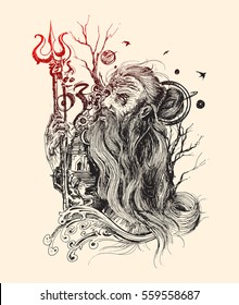 Old ascetic holding  Trishul, concept og lord shiva, monochrome. celebrating maha Shivratri.  Hand Drawn Sketch Vector Background.