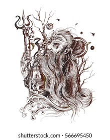 Old ascetic holding  Trishul, concept og lord shiva, monochrome. celebrating maha Shivratri.  Hand Drawn Sketch Vector Background.