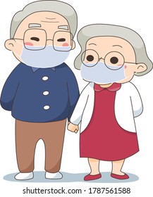 Old asian couple wear masks