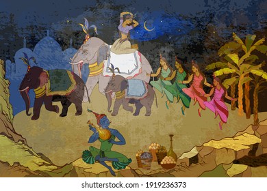 Old Asian culture. Mythology, tradition and history. Religion. Hinduism. Vishnu and Shiva. Dancing goddesses in the jungle. Gods of India. Ancient frescoes. Traditional indian mural paintings style