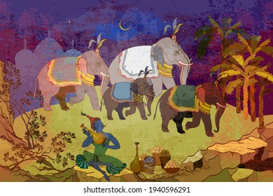 Old Asian culture. Mythology, tradition and history. Religion. Hinduism. Shiva. Sacred elephants in the jungle. Gods of India. Ancient frescoes. Traditional indian mural paintings style 