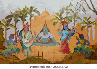 Old Asian culture. Mythology, tradition and history. Gods of India. Ancient frescoes. Traditional indian mural paintings style. Religion. Hinduism. Vishnu and Shiva. Dancing goddesses in the jungle 