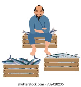 Old Asian Fisherman Sells Fish In Wooden Boxes. Vector Illustration