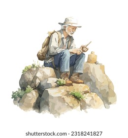 Old asian man actively outdoor hiking activity in watercolor illustration