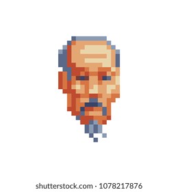 Old asian man with a beard head character greybeard avatar profile pixel art icon. Isolated vector illustration. 8-bit sprite. Design stickers, logo, mobile app.