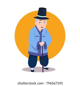 Old Asian Man Wearing Traditional Korean Costume Senior Grandfather With Stick In National Korea Clothes Vector Illustration