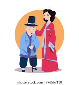 Old Asian Man With Young Woman In Japanese Kimono Korean Characters Wearing Traditional Clothes Vector Illustration