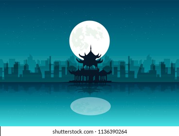 old asian temple on the coast and city behind, reflection in the ocean, full moon and stars