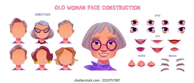 Old asian woman character, senior person face construction set. Chinese grandmother, elderly lady avatar generator with different hairstyles and face parts, vector cartoon illustration