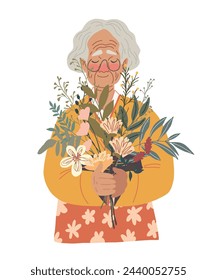 Old Asian Woman Holding Bouquet of Flowers