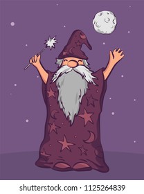 Old astrologer wizard ready to cast spell, cartoon style vector illustration