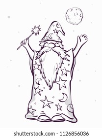 Old astrologer wizard ready to cast spell, cartoon style colouring, vector illustration