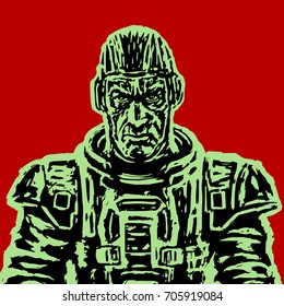 Old astronaut in a space suit without a helmet. Vector illustration. Science fiction illustration. Freehand digital drawing. Serious character.