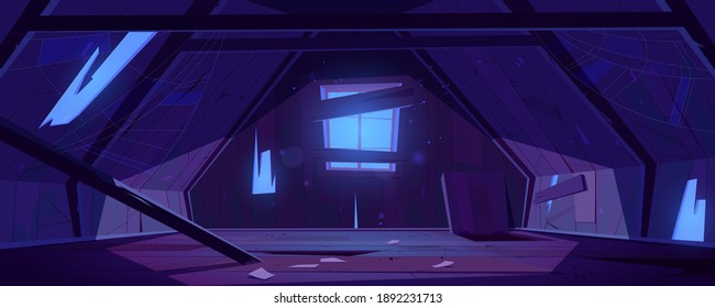 Old Attic In Abandoned House At Night. Vector Cartoon Interior Of Garret Room With Broken Roof, Wall And Beams, Clutter And Spiderweb. Empty Messy Mansard With Hatch In Floor And Moonlight From Window