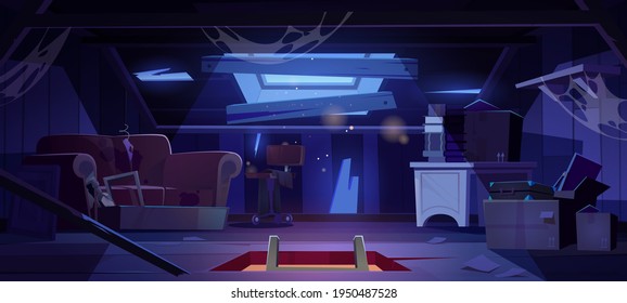 Old attic in abandoned house at night. Empty garret room interior with broken roof, walls and beams, clutter and spiderweb. Messy mansard with hatch in floor and moonlight, cartoon vector illustration