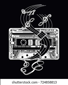 Old audio cassette and music notes, symbol of pop music, disco t-shirt design 