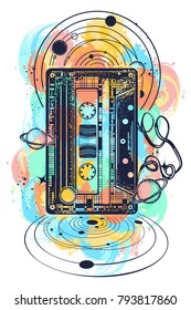 Old audio cassette and music notes, symbol of pop music, disco 