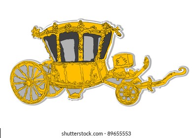 old authentic rococo golden carriage silhouette and doodle, sticker isolated on white