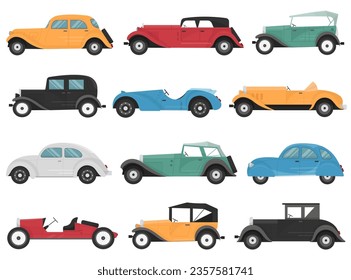 Old automobile vintage retro car transport classic vehicle isolated set on white background. Old-fashioned cab, supercar, cabriolet, pickup, sedan automotive model design vector illustration