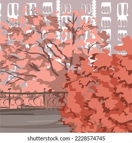 Old autumn city. Beautiful landscape with park, building and red trees. Vector art illustration. Hand drawn color sketch. Watercolor brush style