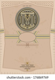 old background with capital letter m circle label vintage style