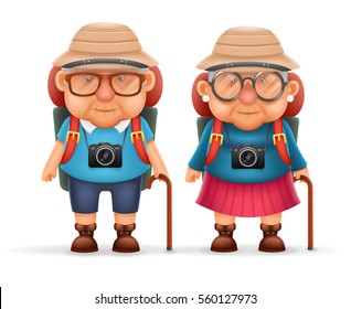 Old Backpacker Couple Photo Camera Travel Realistic Cartoon Character Design Isolated Vector Illustration