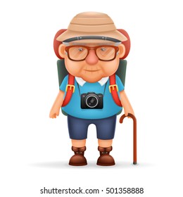 Old Backpacker Man Grandfather Photo Camera Travel Realistic Cartoon Character Design Isolated Vector Illustration