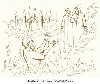 Velho judeu mau macho morrer pavio chorar implorar Santo Deus ajuda. Mão escura desenhada retro vida fé medo problema arte esboço. Veja o assustador calor quente assustador hades juiz eterno luz branca alegria feliz