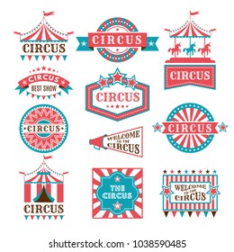 Old badges and labels for carnival and circus show invitation. Monochrome vector logos. Show and festival event, carnival banner label, circus logo illustration