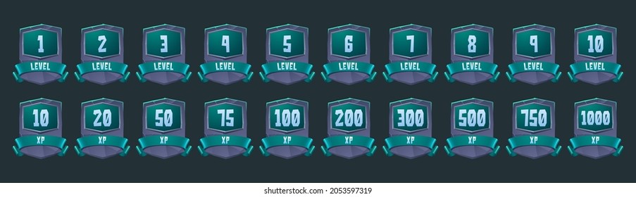 Old badges with level number and experience points for game ui design. Vector cartoon icons of stone labels with rank, xp and green ribbons isolated on background