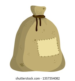 Old bag. County Gray Burlap with rope. Element of the village and of the middle ages. Storage and packing of cargo and grain. sack package for things. Cartoon flat illustration