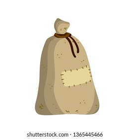 Old bag. County Gray Burlap with rope. Element of the village and of the middle ages. Storage and packing of cargo and grain. sack package for things. Cartoon flat illustration