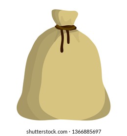 Old bag. County Gray Burlap with rope. Element of the village and of the middle ages. Storage and packing of cargo and grain. sack package for things. Cartoon flat illustration