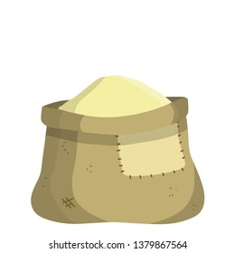 Old bag. County Gray Burlap with rope. Element of the village and of the middle ages. Storage and packing of cargo and grain. sack package for things. Cartoon flat illustration