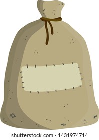 Old bag. County Gray Burlap with rope. Element of the village and of the middle ages. Cartoon flat illustration. Storage and packing of cargo and grain. sack package for things