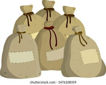 Old bag. County Gray Burlap with rope. Element of the village and of the middle ages. Storage and packing of cargo and grain. sack package for things. Cartoon flat illustration