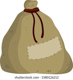 Old bag. County Gray Burlap with rope. Element of village and of middle ages. Cartoon flat illustration. sack package for things. Storage and packing of cargo and grain