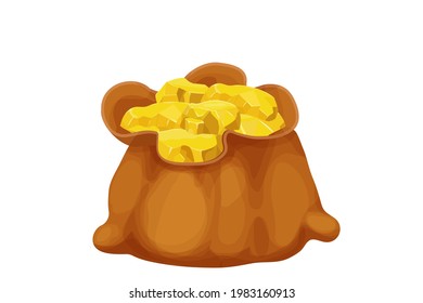 Alte Tasche mit goldenem Nugget im Cartoon-Stil einzeln auf weißem Hintergrund. Prämienkonzept, Vermögen, Spielgut. Retro-Dekoration mit Moneybag.
