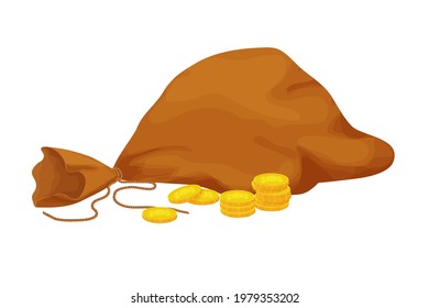 Old bag with golden coins in cartoon style isolated on white background. Money bag, treasure object. Ui icon, asset.